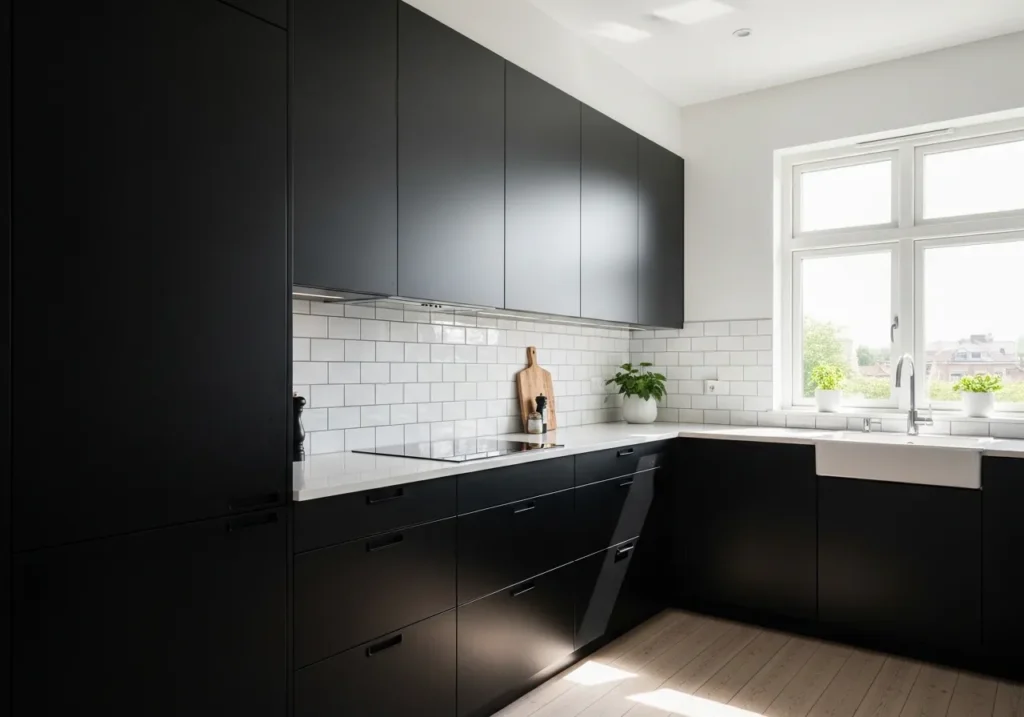 Black Cabinets with White Backsplash