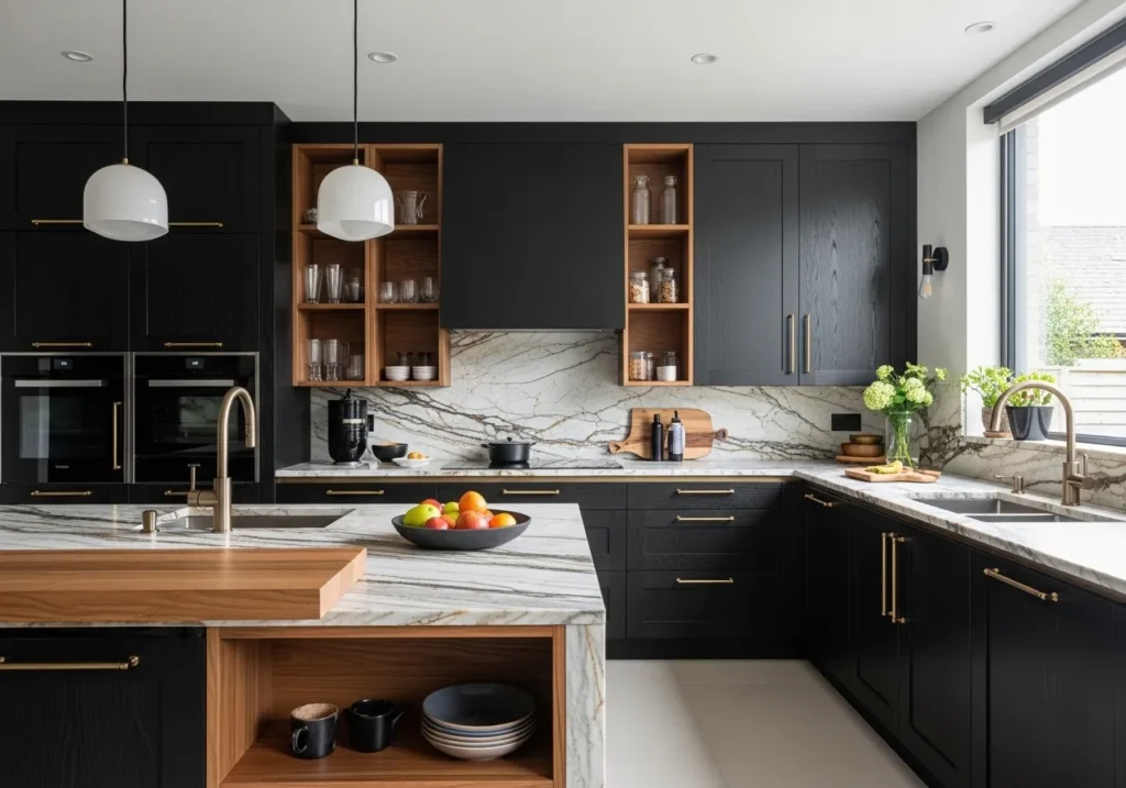 Black Cabinets with Mixed Textures