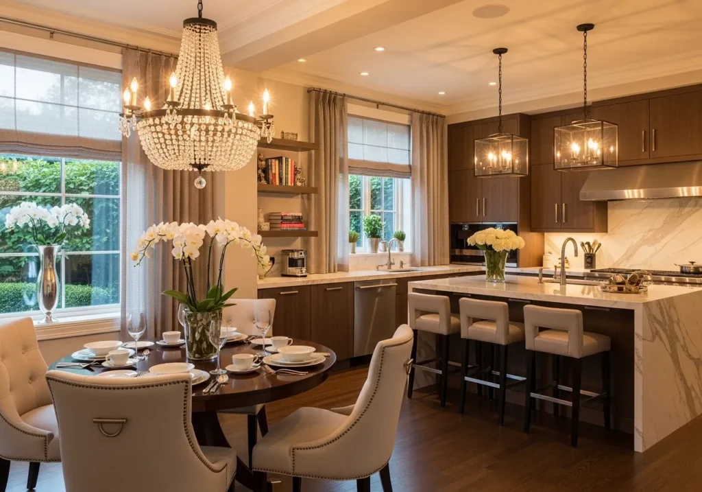 Luxury Breakfast Nook with Statement Lighting