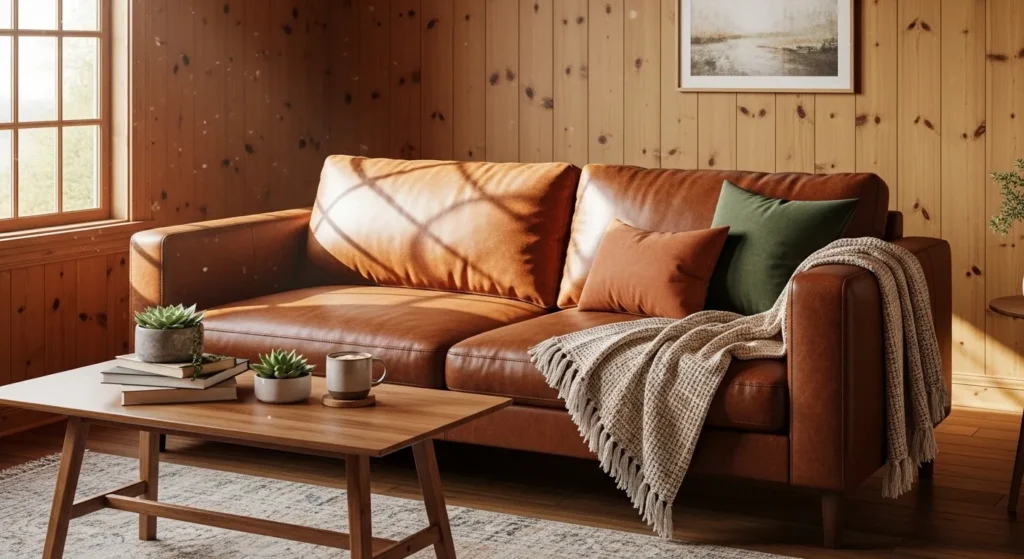 brown couch warm wood living room