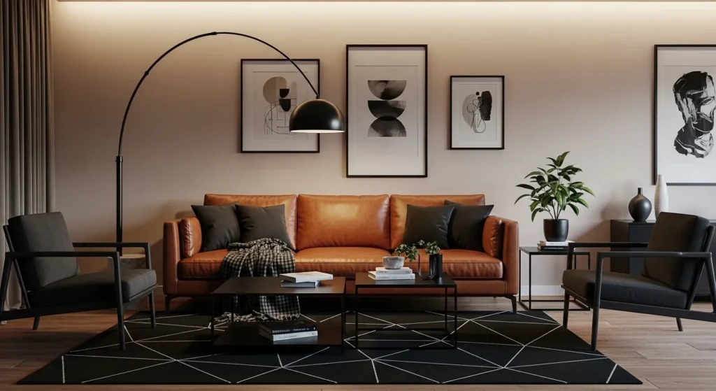 brown couch black accents living room