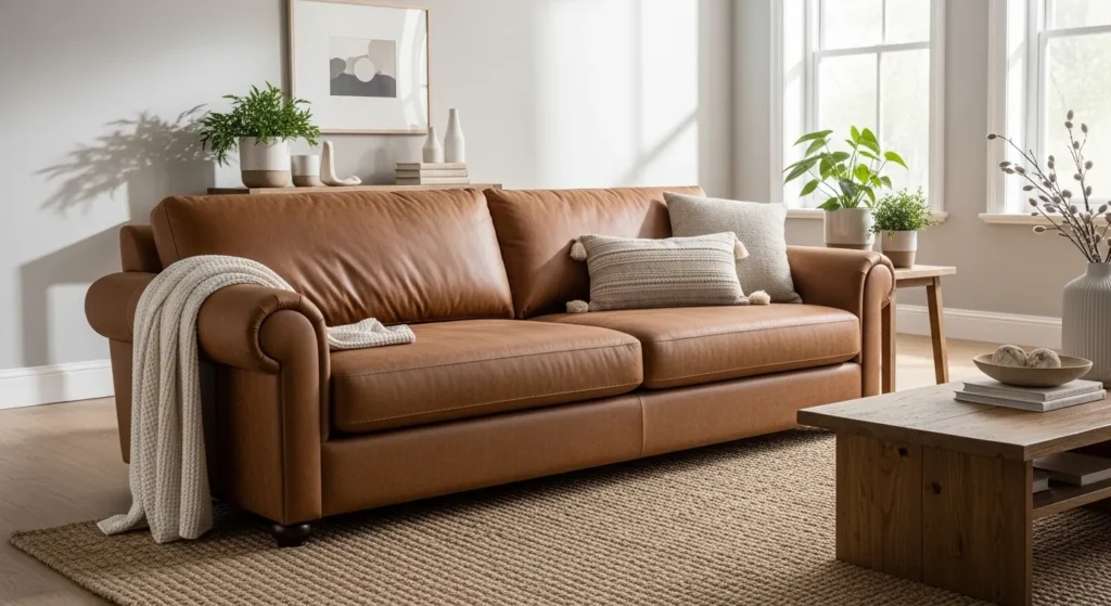 brown couch neutral textured living room