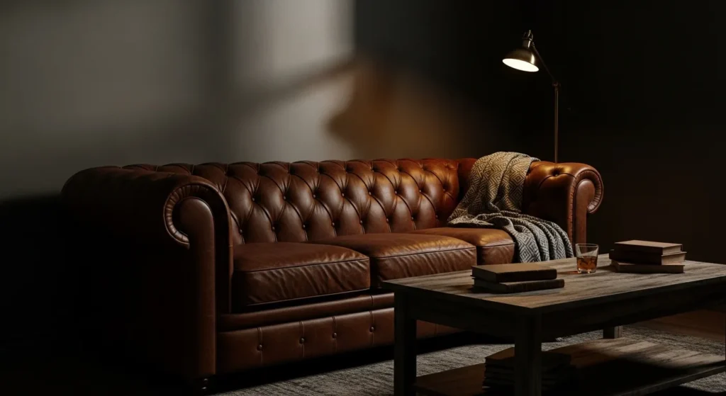 moody brown couch dark living room