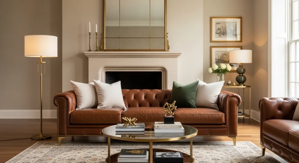  brown couch brass accents living room