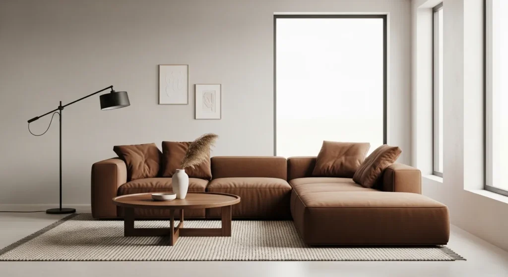 : brown sectional minimalist living room