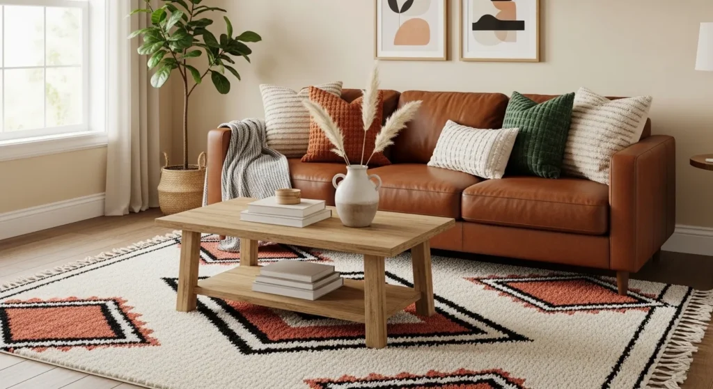  brown couch statement rug living room