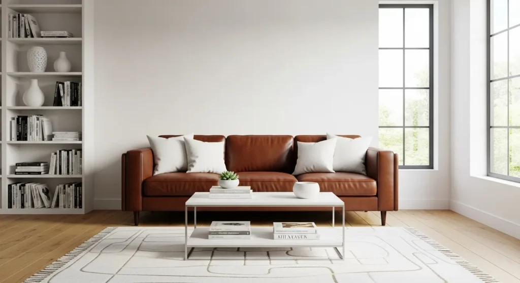 brown couch white bright living room