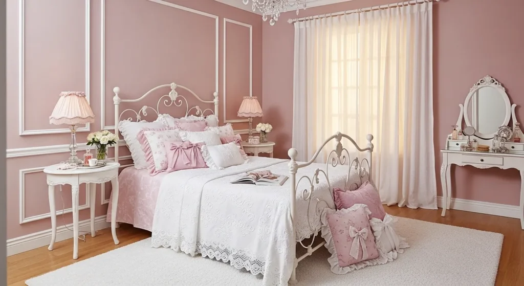 coquette bedroom blush pink walls white trim