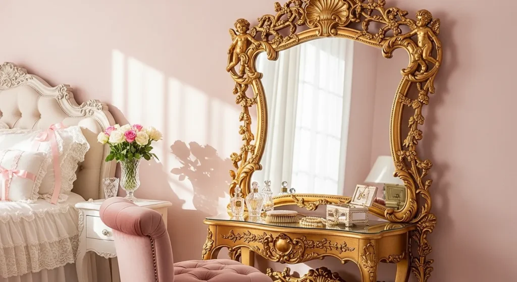  coquette bedroom gold ornate mirror