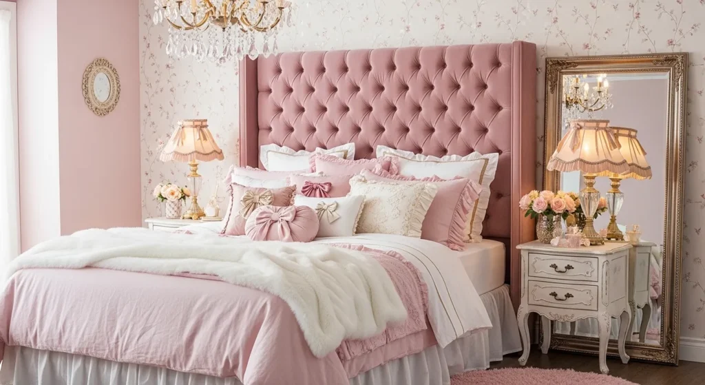 coquette tufted headboard pink bedroom