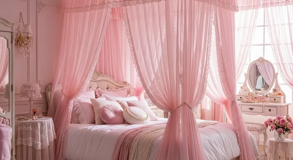 coquette bedroom sheer curtains pink