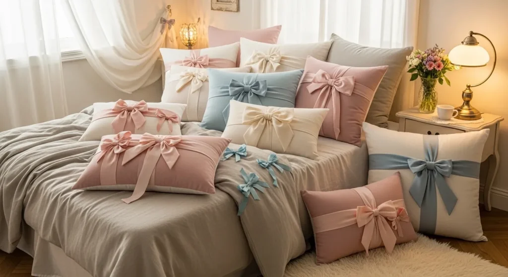 : coquette bow pillows bedroom