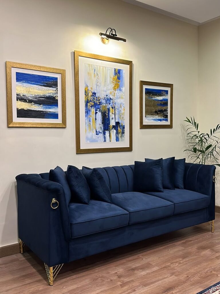 navy blue moody living room brass