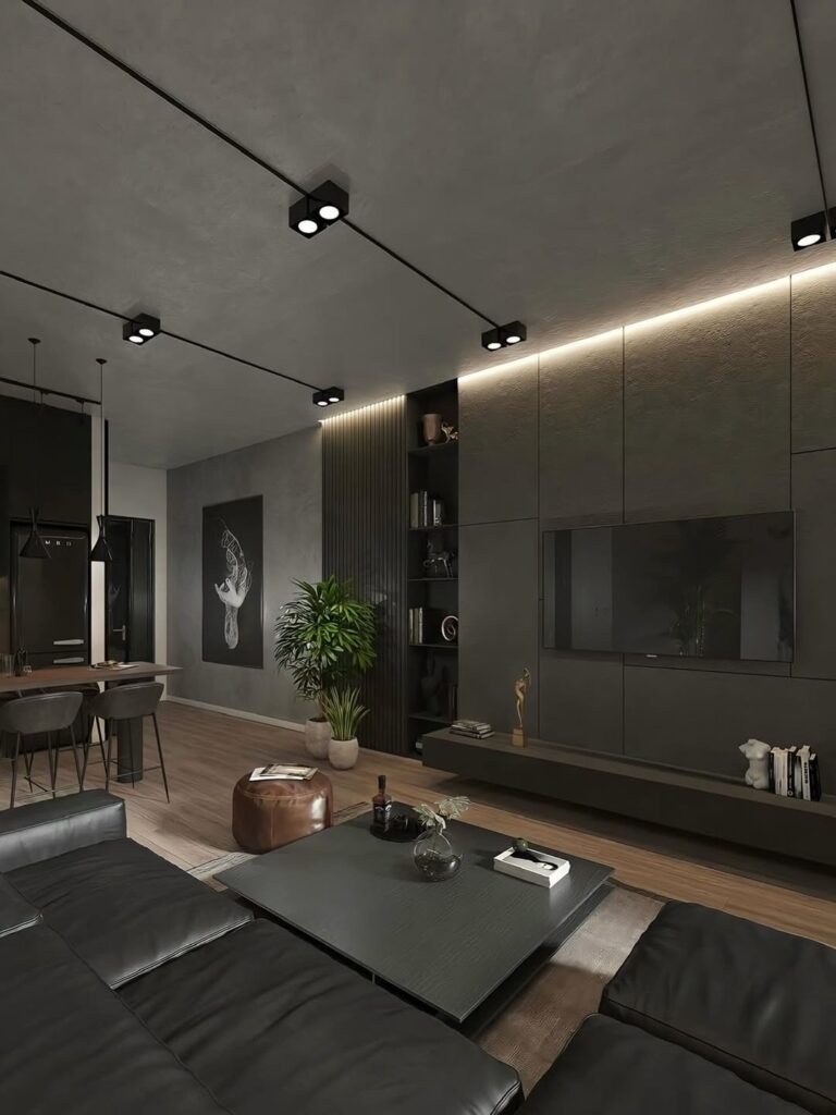  industrial dark loft living room