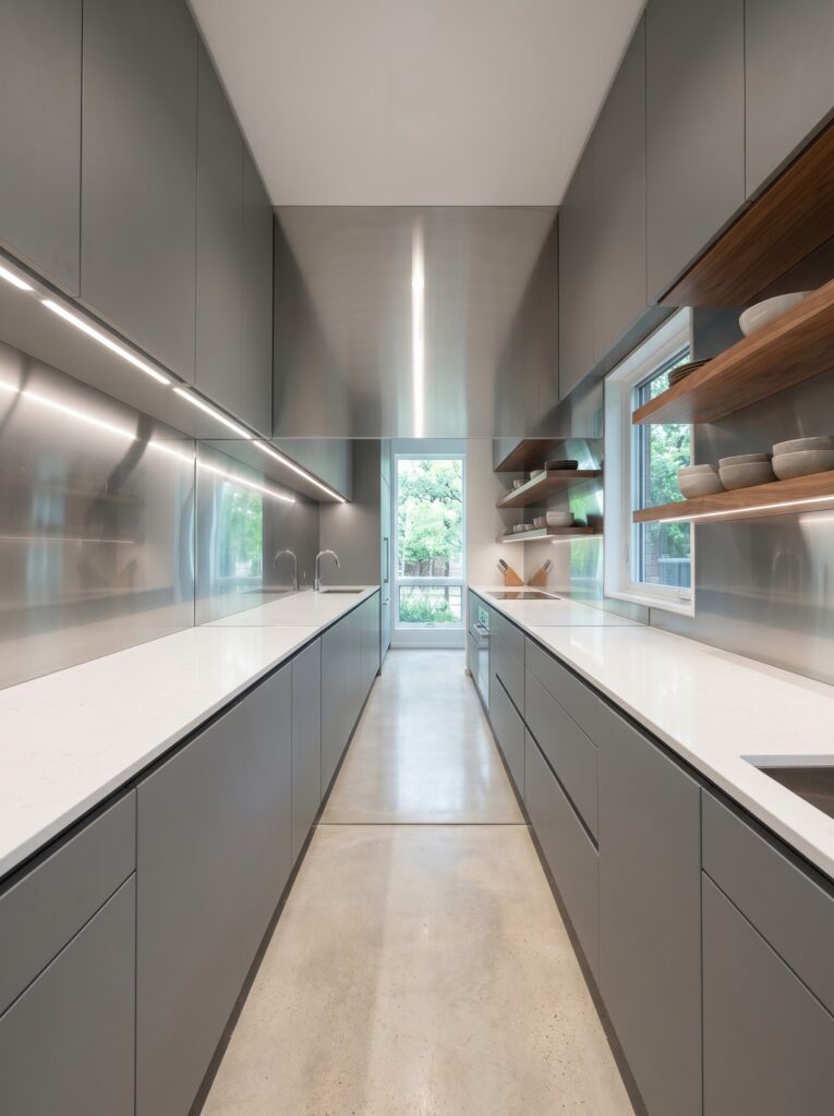 reflective backsplash galley kitchen