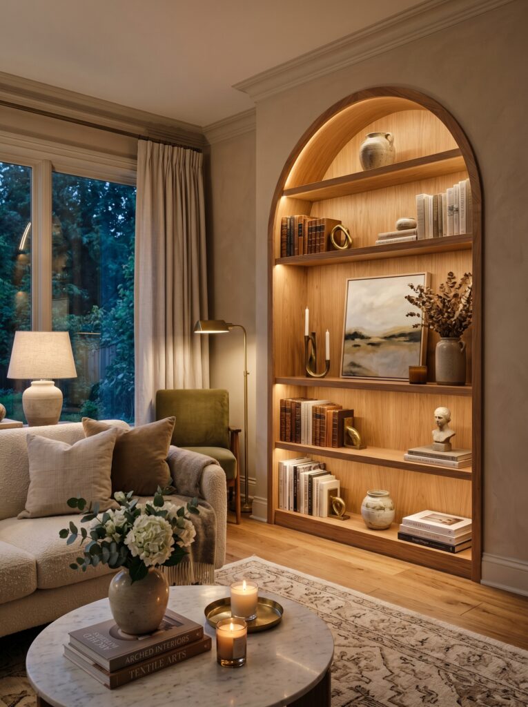 Arched Bookshelves for Soft Elegance