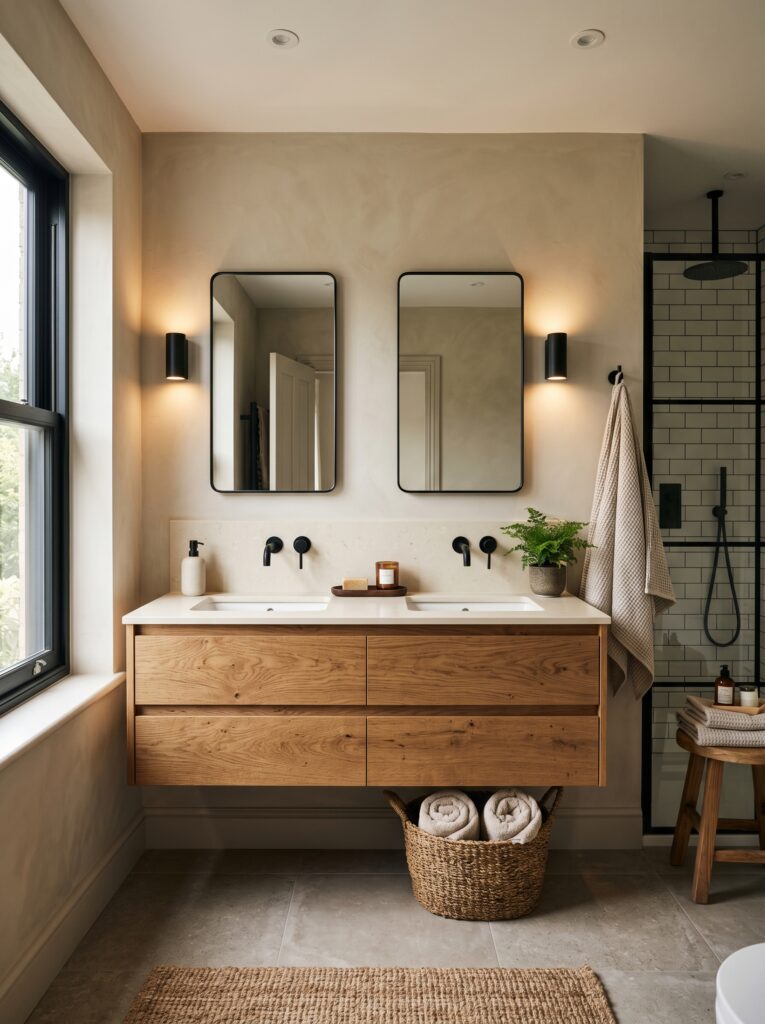 Black Fixtures with Wood Vanity