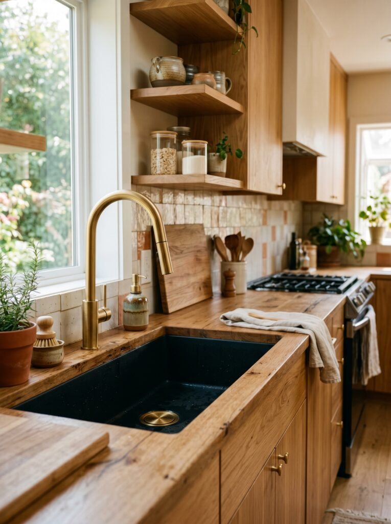 Gold Faucet with Natural Wood Cabinets