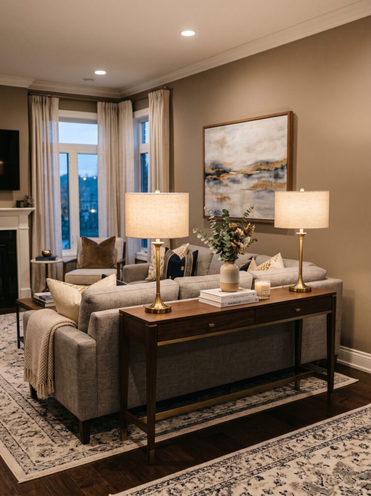 Console Table with Lamps for Symmetry