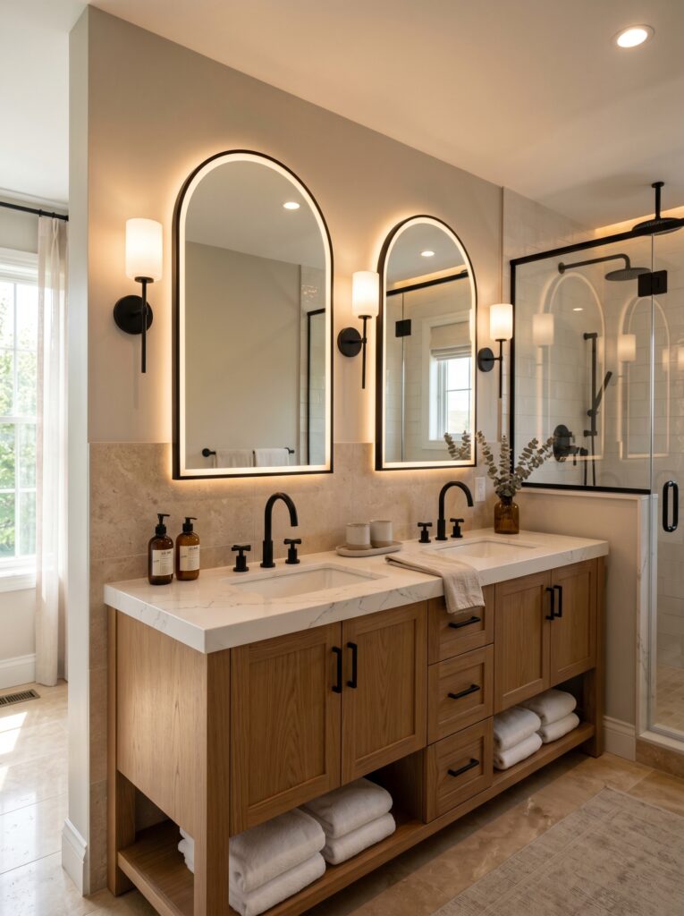 Double Vanity with Matching Black Faucets