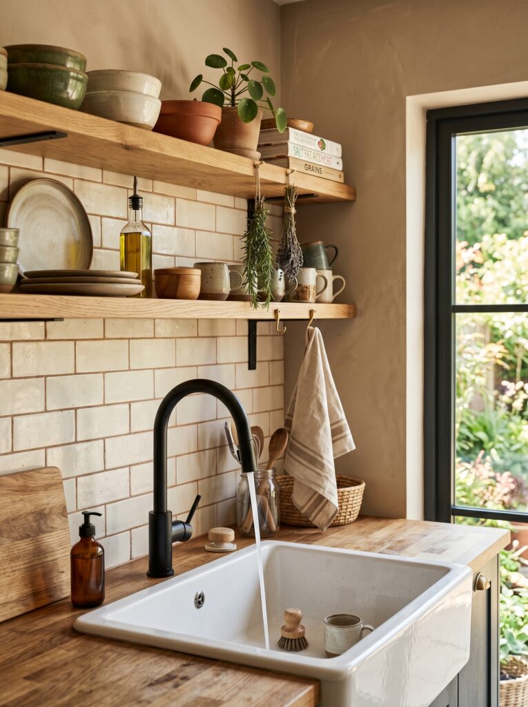 Matte Black Faucet with Open Shelving