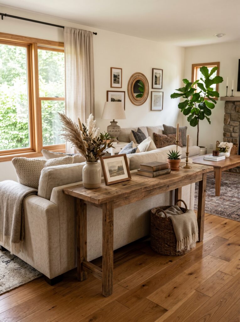 Rustic Wood Console Behind Sofa