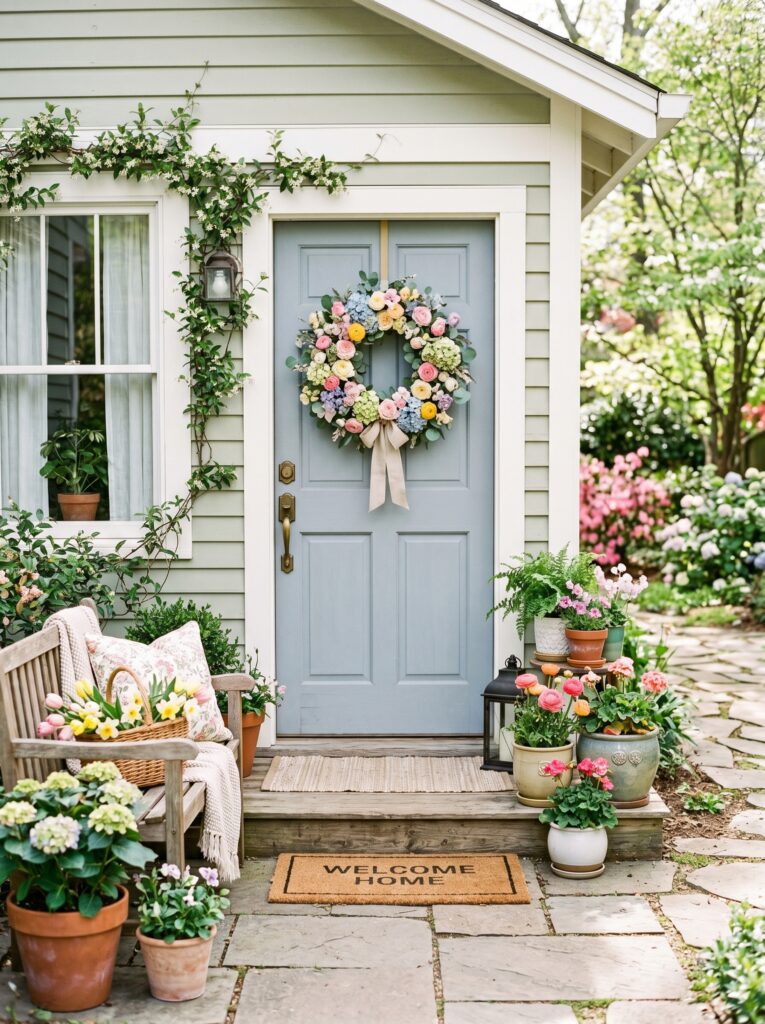 Floral Spring Wreath on the Front Door