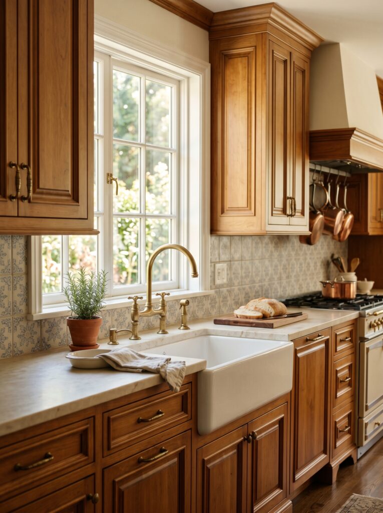 Traditional Kitchen with Vintage Gold Faucet