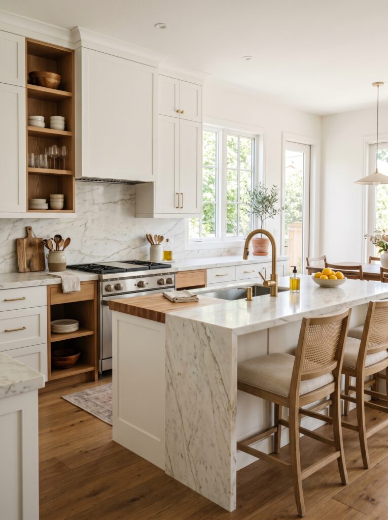 Warm Brushed Gold Faucet in a White Kitchen