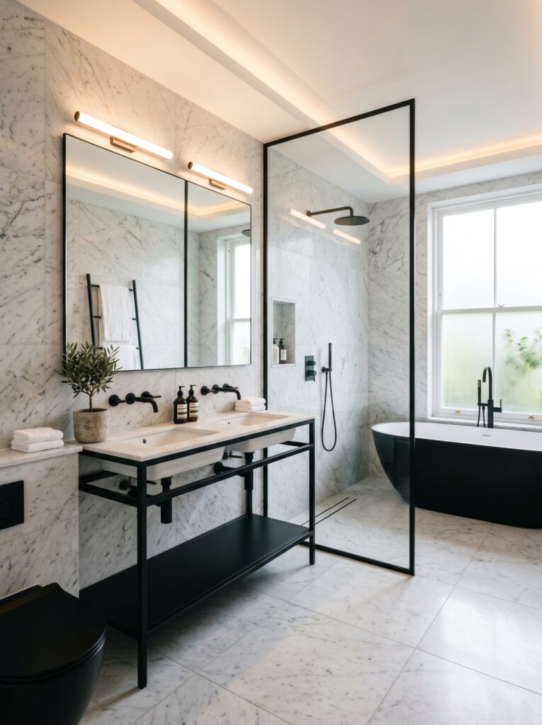 Matte Black Fixtures in a White Marble Bathroom