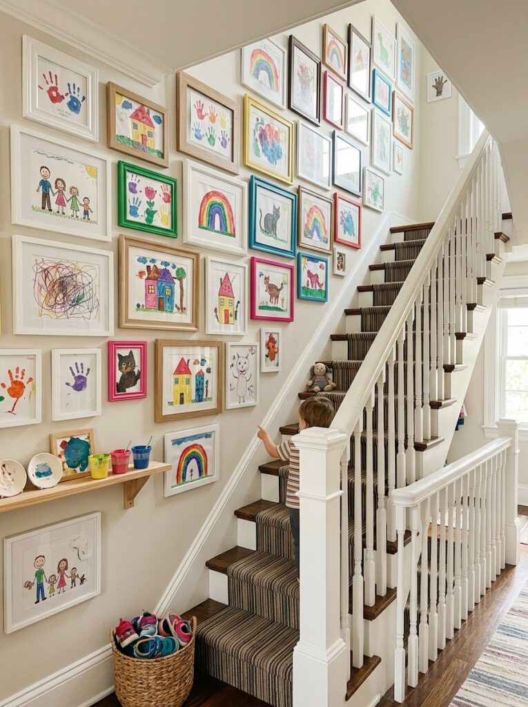  kids art staircase gallery wall